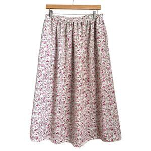 Vintage Floral Midi Skirt Pockets White Pink Ditsy Floral Cottagecore Boho Retro